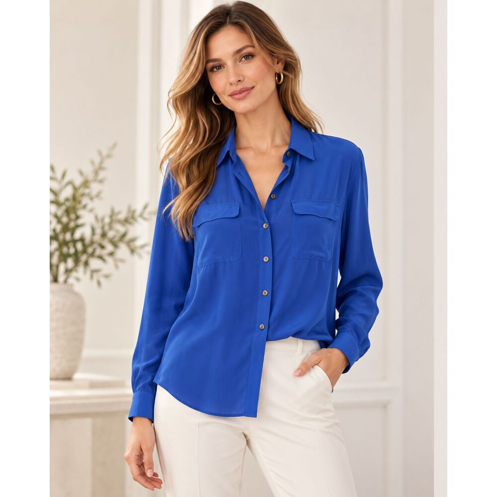 100% Silk Two by Vince Camuto Women’s S 100% Silk Blue Button Down Blouse